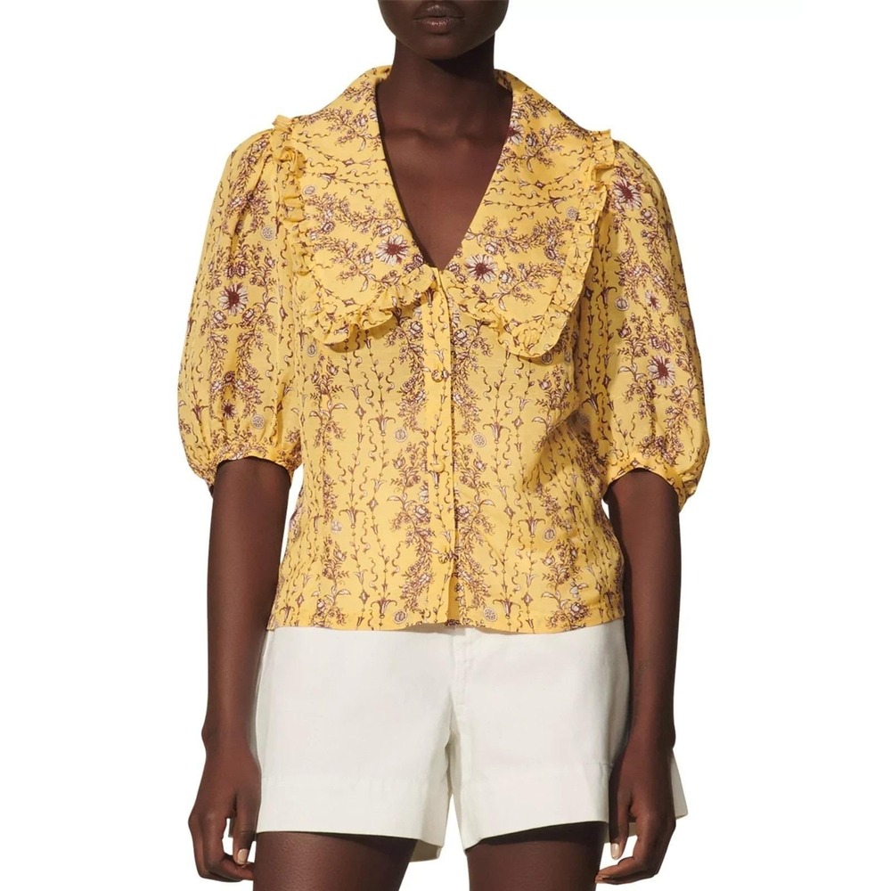 Sandro Martha Floral Claudine Collar Linen Top Size 2 Yellow Boho Chloe Peasant